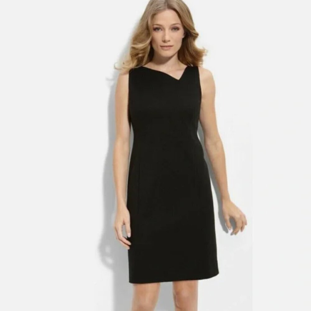 Eileen Fisher Silk Lined Asymmetrical Neckline Black Sheath Dress, size 8